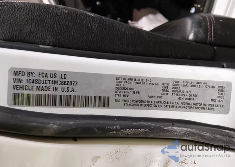 2021 Dodge Durango R/T Awd z USA, uszkodzony, nr VIN 1C4SDJCT4MC662077